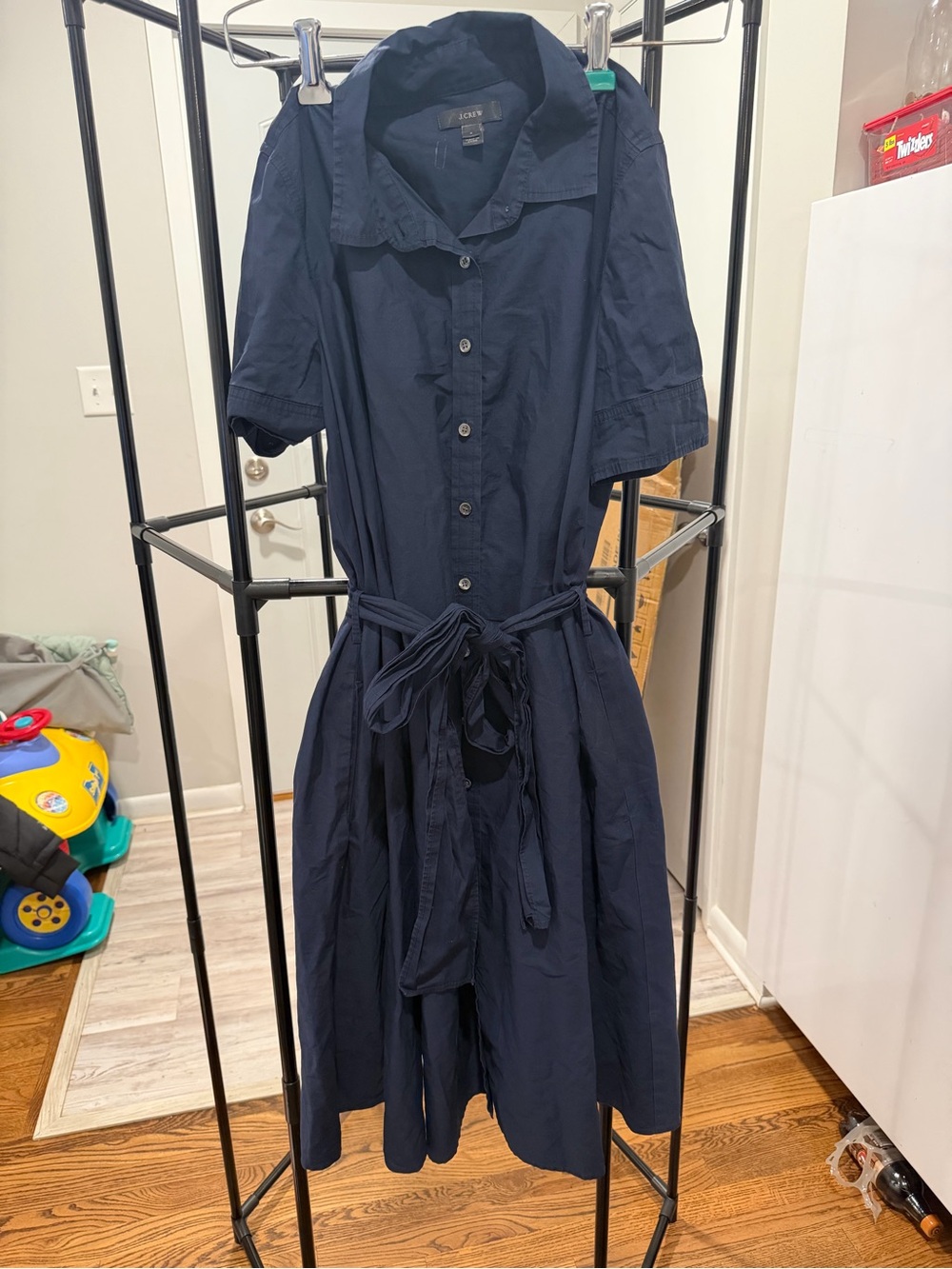 J. Crew Navy Button-Front Midi Shirt Dress with Tie Waist
